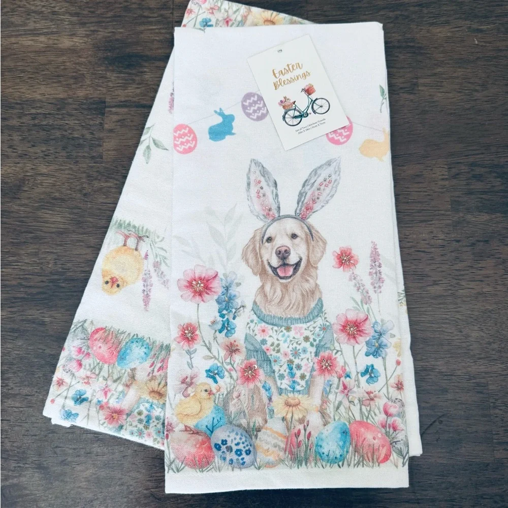 Easter Bunny Dog Golden Retriever Floral Beaded Dish Towels Tea Towels Set - Picture 2 of 3
